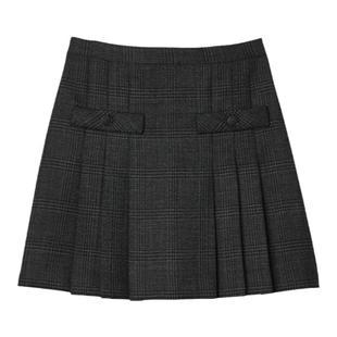 SANDRO秋冬女装法式复古学院风绵羊毛灰色格纹A字百褶短款半身裙