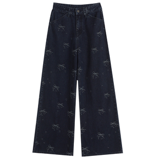 阔腿牛仔裤女春秋2026新款高腰百搭时尚显瘦蝴蝶结刺绣地直筒裤子