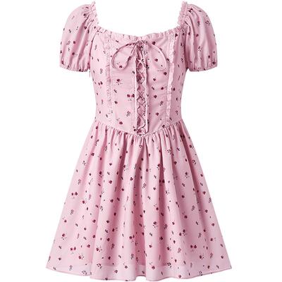 乐町绑带设计方领连衣裙年夏季新款粉色树莓法式抽绳显瘦连衣裙