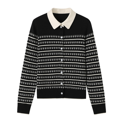 亦白翻领假两件撞色条纹开衫女