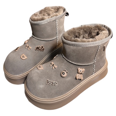 磨砂真皮羊毛松糕厚底雪地靴女