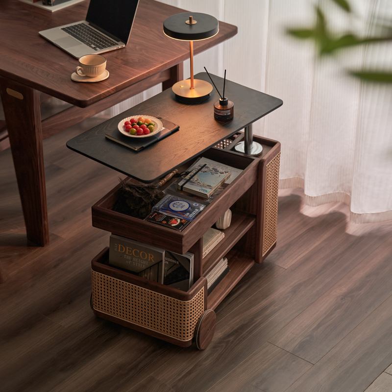 黑胡桃木实木升降茶几 现代简约移动边几 巴士升降旋转边几