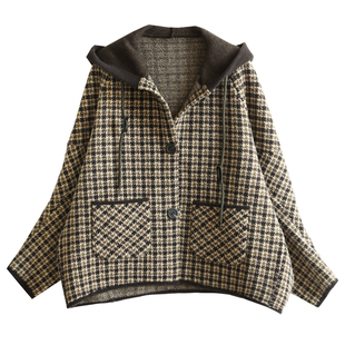铜扣记千鸟格外套女大码宽松文艺百搭韩版显瘦千柔绒气质连帽长袖