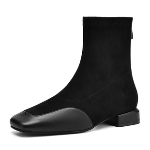 达芙妮短靴女冬季2025新款平底瘦瘦靴加绒方头袜靴绒面踝靴马丁靴