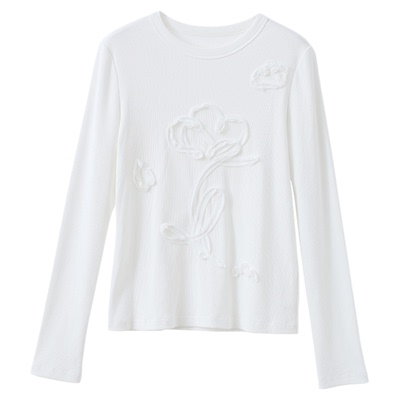 popchrio手绘花朵盘带绣圆领T恤