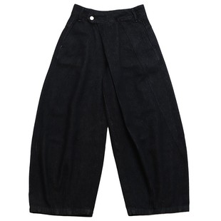 鹿与飞鸟“超有态度”街头感重工酵洗斜门襟两色牛仔阔腿裤7222