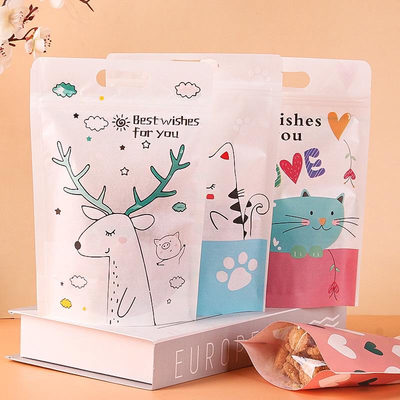 自立袋卡通自封袋雪花酥跨境包装袋糖果拉链袋手提袋子牛轧糖饼干