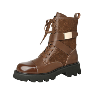 MILLIE'S/妙丽英伦风皮带扣马丁靴女厚底系带高帮短靴棕色机车靴Z