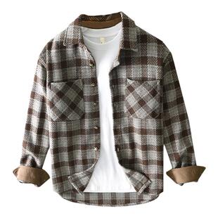 高端羊毛呢格子衬衫男长袖秋冬加厚上衣宽松大码日系复古衬衣外套