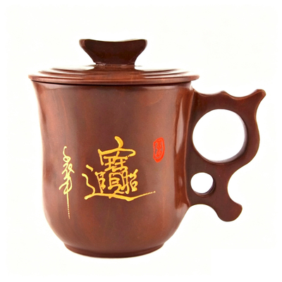 纯手工木鱼石茶杯带盖把手盖杯