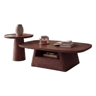 中古风胡桃木椭圆形茶几小圆桌电视柜组合茶几家用客厅小户型茶几