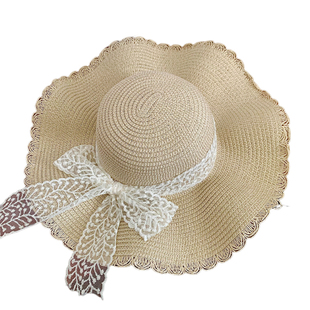 法式蕾丝蝴蝶结草帽女夏海边沙滩波浪边大帽檐太阳帽遮阳防晒帽子