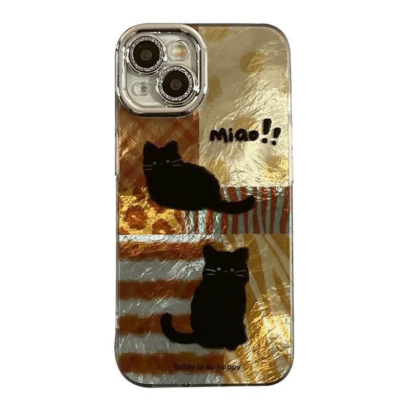秋冬复古豹纹猫咪适用苹果16手机壳带镜头膜iphone15promax新款15pro小众女14Promax硅胶13带链条