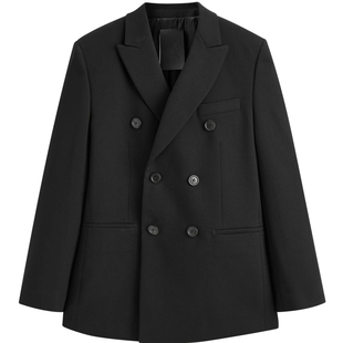 【断码钜惠】大师系列太平鸟男装黑色羊毛西服双排扣斯文西装男