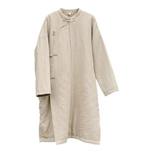 新中式纯色汉麻立领中式斜襟夹棉连衣裙 知笔墨春季禅意盘扣棉袍