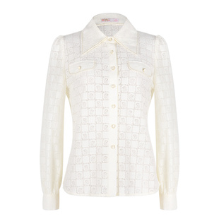 固执春季新款学院风气质翻领泡泡袖长袖蕾丝衬衫10841CS08799