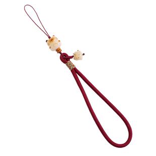琼睿可爱菩提招财猫手机挂绳短款手机链手腕绳吊坠挂件精致U盘挂饰手工编织手机壳挂绳相机绳子红色小挂件女