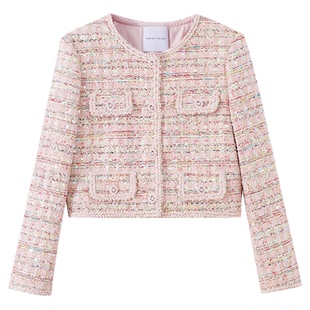 水云间粉色亮丝珠片小香风短款外套女正肩长袖上衣优雅华丽2025冬