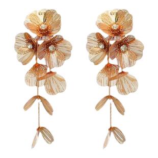 复古轻奢金色花朵流苏耳环气质新中式高级感耳坠个性夸张耳夹耳饰