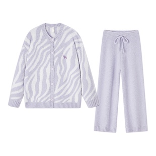 BE半边绒睡衣女冬季斑马纹长袖加厚加绒冬天家居服珊瑚绒毛绒秋冬