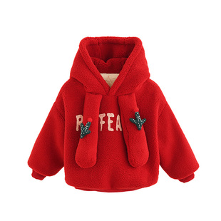 砚台家童装女童摇粒绒外套儿童连帽红色卫衣宝宝加绒加厚新年冬装