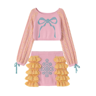 蝴蝶结羊毛提花粉色毛织上衣