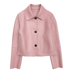 茉萱进口短款绵羊皮粉色真皮外套2025气质日韩翻领精致女皮衣夹克