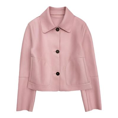 茉萱短款粉色皮外套小个子