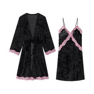 乐姿梦情侣睡衣女性感金丝绒吊带睡袍秋冬季黑色轻奢男套装家居服