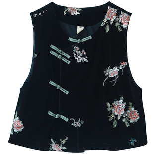 现货【空花阳焰】国风丝绒刺绣马甲外套女春秋季圆领偏襟马夹上衣