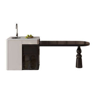 法式中古风带水槽岛台餐桌一体可伸缩家用复古岩板齐平全实木倒台