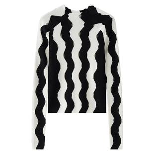 N·MORE设计师品牌   黑白波浪条纹镂空瘦身羊毛针织衫