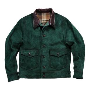 复古手工擦色拼接德普大叔RL牛仔真皮夹克男翻领反绒黄牛皮皮衣