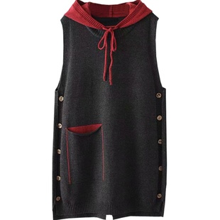 春秋大码文艺范连帽中长款无袖针织衫马甲女式套头宽松马夹背心裙