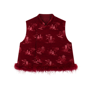 Amybaby女童上衣冬季2025新款红色国风设计感鸵鸟毛气质立领马甲