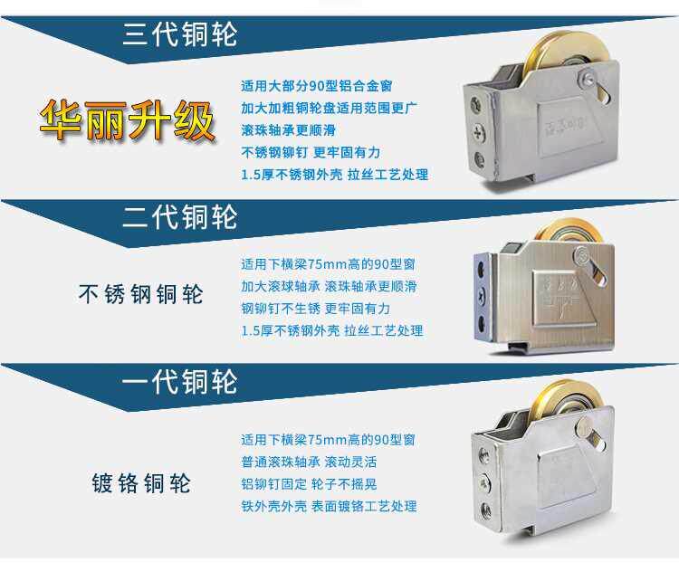老式90型铝合金门窗滑轮推拉移门滚轮玻璃窗户不锈钢轴承铜轮 4个