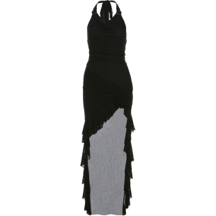 KLIOU 纯欲撩人女人味荡领挂脖无袖连衣裙荷叶边拼接显瘦不规则裙