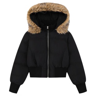 F383 美式复古90白鸭绒短款连帽羽绒服女可拆卸毛领收腰显瘦外套