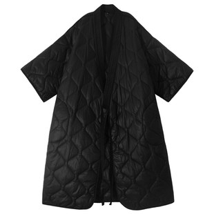 复古菱形绗缝夹棉外套过膝长款菱格棉服女冬季大衣暗黑日系山本风