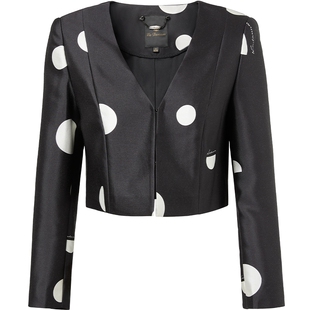 阿丹娜女装春秋新款黑色绵羊毛蚕丝混纺V领波点外套短款官方正品