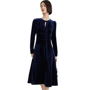 商场同款naivee纳薇飘带时尚收腰丝绒针织X型赴宴轻礼服连衣裙