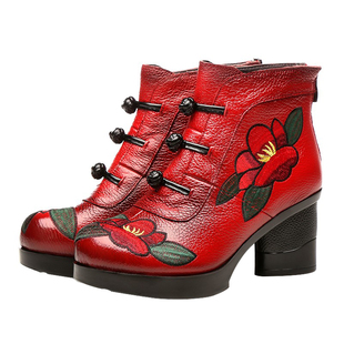 民族风加绒短靴女真皮软底粗跟棉靴绣花妈妈鞋子复古旗袍扣马丁靴