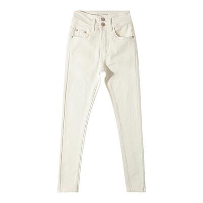 米白色两粒排扣高腰小脚牛仔裤女