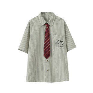 King Prince夏季日系衬衫短袖宽松学院风情侣街头潮牌条纹衬衫女