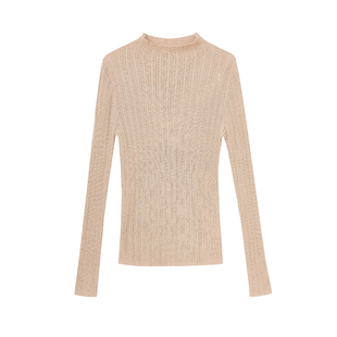 奶咖色半高领条纹毛衣女MOFAN摩凡2025冬新款修身打底针织衫显瘦