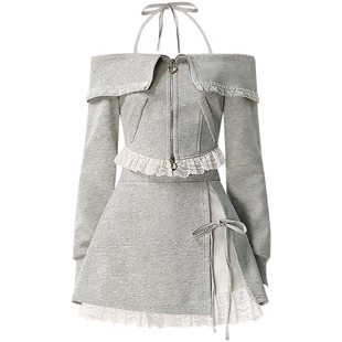 茬客纯欲风一字肩卫衣套装2025年秋新款性感上衣A字半身裙两件套