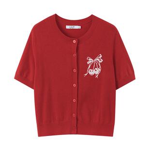 LILY2026新款女装甜美樱桃圆领红色短款小上衣轻薄短袖针织开衫