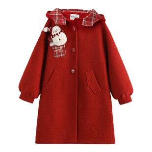 森女部落甜美圣诞风毛呢外套女2025新款宽松显瘦连帽长款大衣冬季
