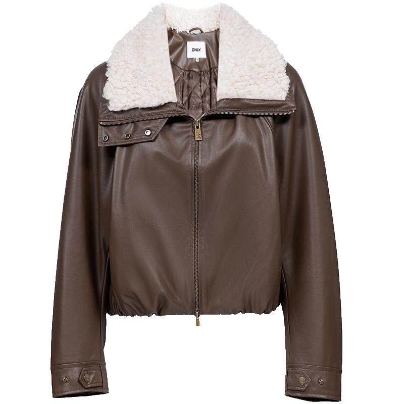 ONLY2025冬季新款双向拉链宽松保暖毛领立体花苞下摆PU棉服外套女