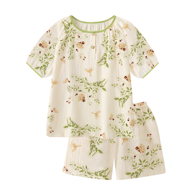 女童2025新款睡衣夏季短袖短裤田园清新风纯棉纱中大童家居服套装